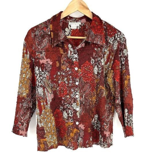 Alberto Makali Shirt Size Large Red Floral Crinkle Button Up Top Blouse Sequins - Picture 1 of 7